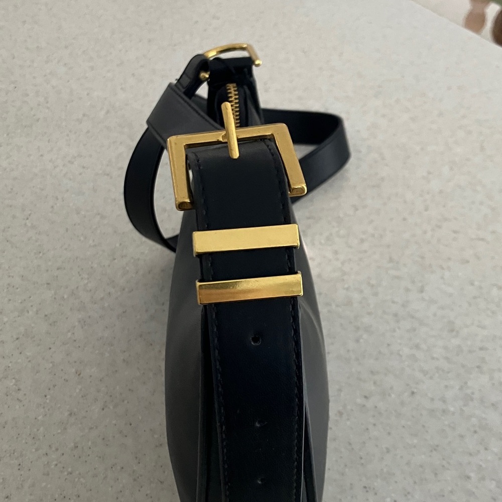 BCBG Black Vegan Leather Crescent Bag with Gold Details Bag Asymmetrical Design - Picture 5 of 13